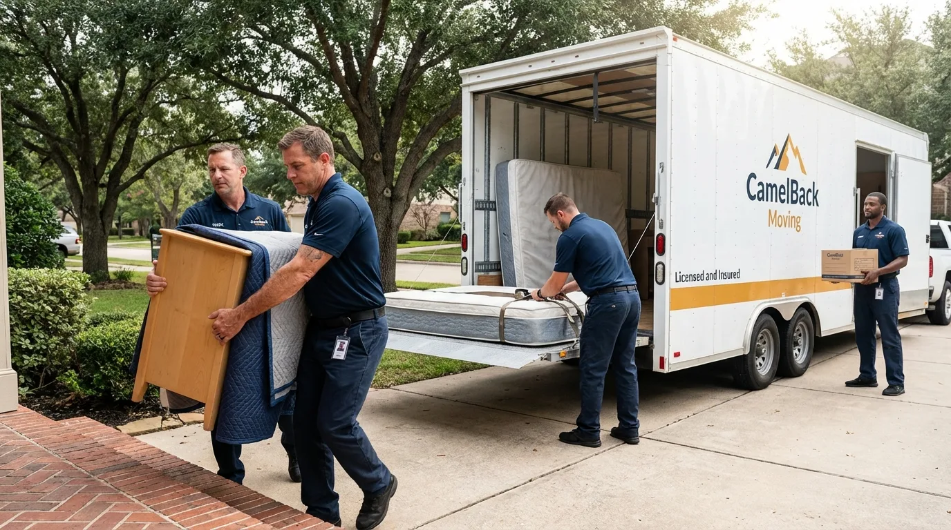 Crew loading residential truck for cross-state move from Caraway, AR