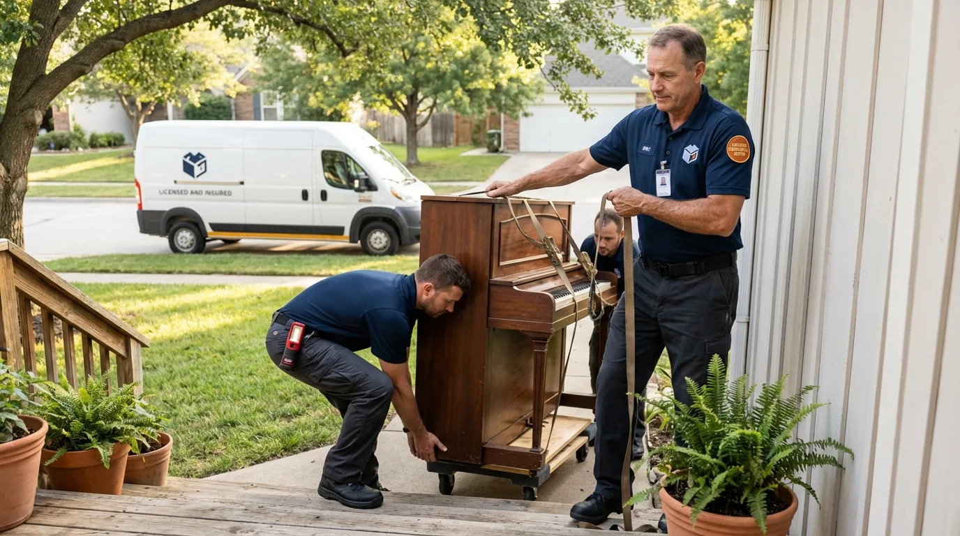 Licensed piano movers securing grand piano in Caraway, AR