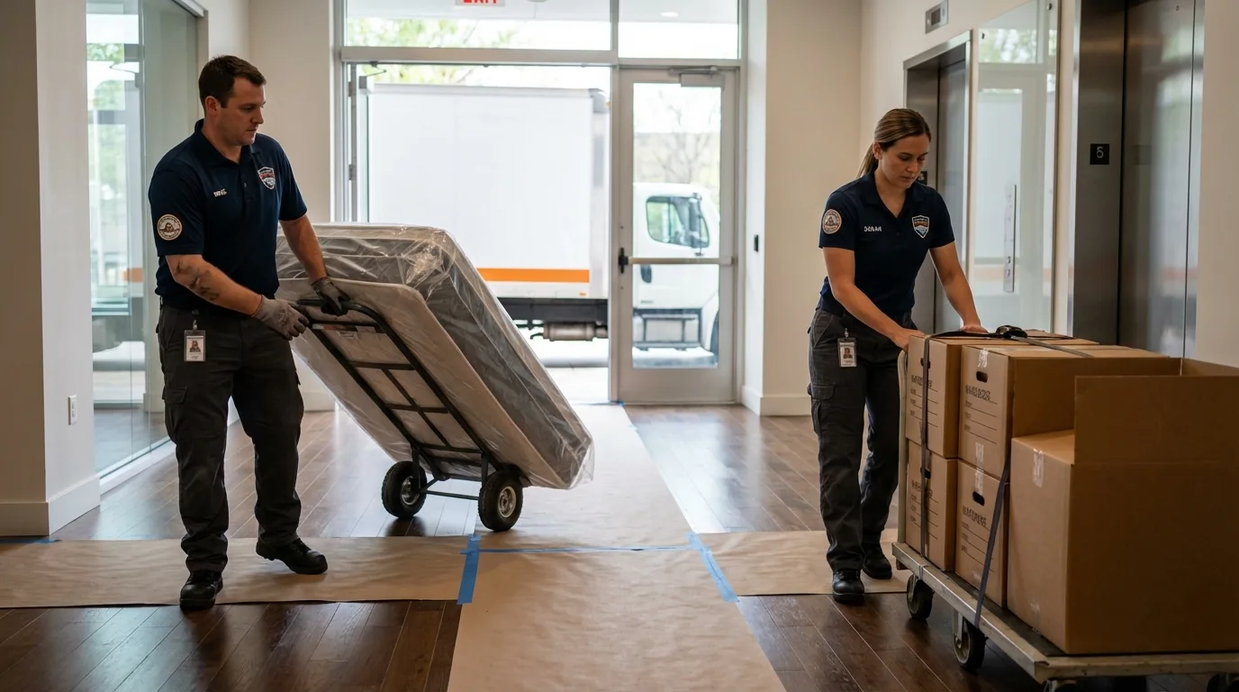 Professional apartment movers loading elevator in Caraway, AR