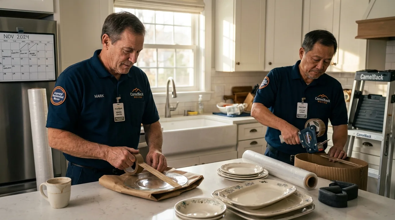 Professional crew packing kitchen dishware in Caraway, AR